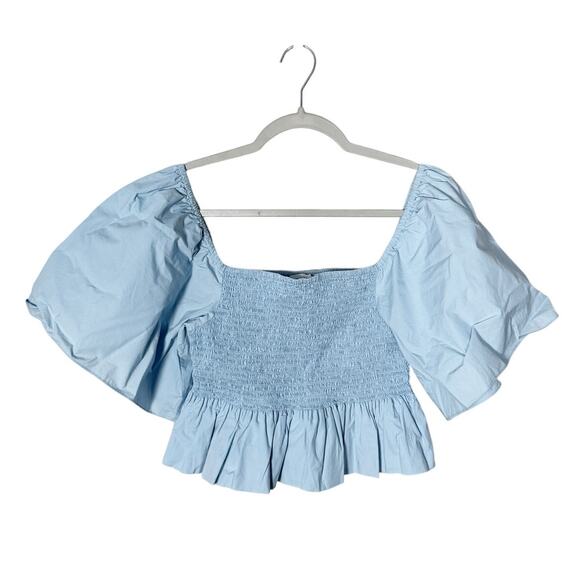 RHODE Elena Shirred Cotton Poplin Top Peplum Ruffle Hem Light Blue Size Small - Picture 2 of 7